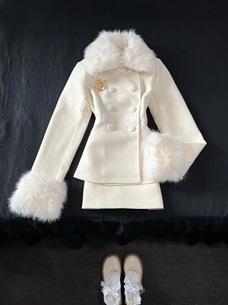 الشتاء الفرنسية أنيقة المرأة مجموعات الكورية أزياء خمر تصميم 2 قطعة مجموعة التخسيس الفراء طوق الدعاوى شيك الزي ملابس امرأة