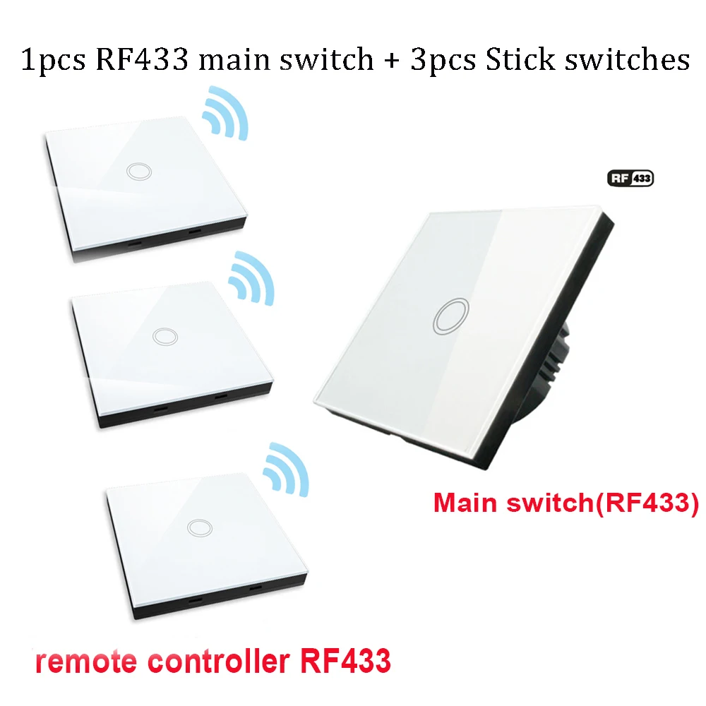 1gang Main Light Switch RF433 Touch Switch And 3pcs RF 433 Sticky Remote Controller Eu Standard Single Fire Wire Need AC110-240v