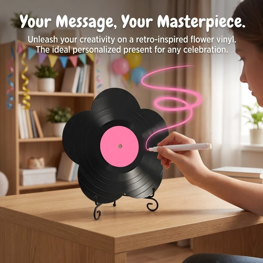 Creative Flower Shape Vinyl Record Ornament Iron Rack Art DIY Graffiti Disc with Mark Pens Decorative Acrylic Decoration Bedroom