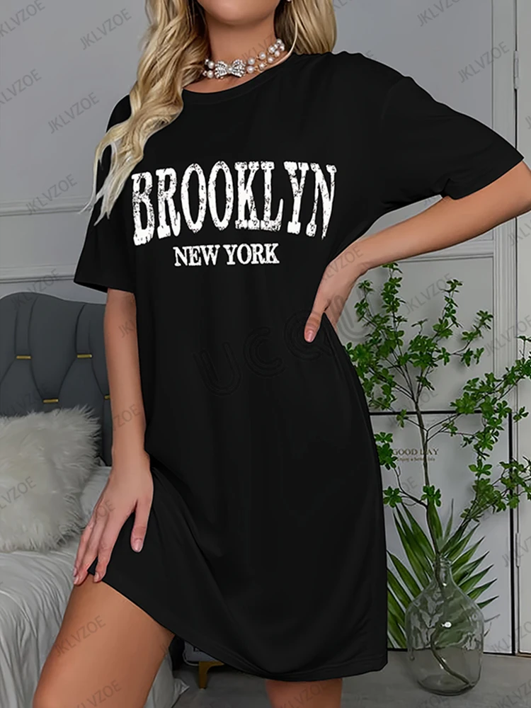 Nova arriavl verão brooklyn carta impressa feminina manga curta camiseta vestido cor sólida solta casual esportes moda vestido