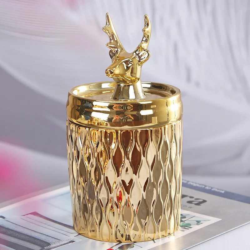Golden Crown Ceramic Storage Jar with Lid, Animal Decoration Storage Bottle, Candle Jar, Jewelry Display Box, Home Furnishings
