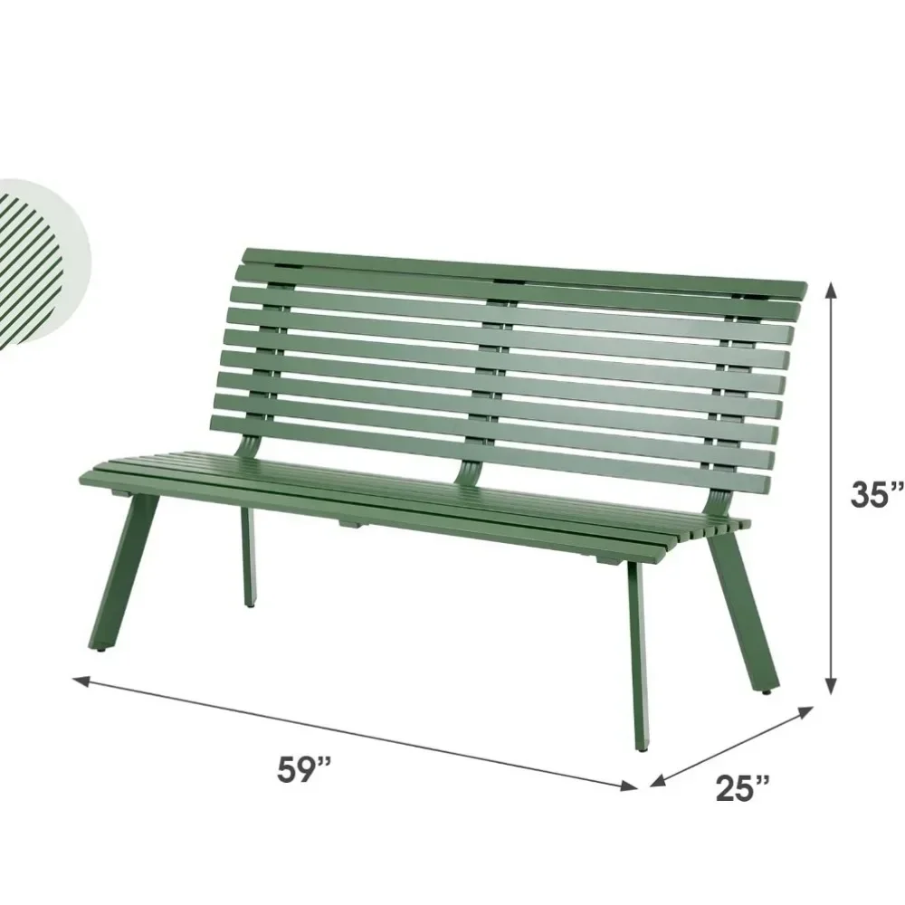 Banco de jardín de aluminio para exteriores, muebles de silla de porche de Patio, diseño de listones con respaldo, bancos de Patio verde/gris