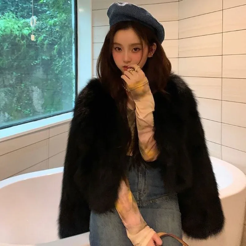 Luxury Brand Fluffy Fur Coats Cropped Jackets Warm Faux Fur Jacket Streetwear Long Sleeve Slim Outerwear Winter Autumn Coat