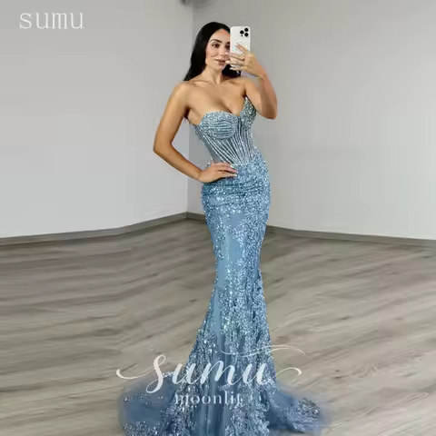 Moonlit Customized Nude Mermaid Evening Dress Baby Blue Formal Evening Gown Lace Mermaid Wedding Party Gowns Diamond vestido
