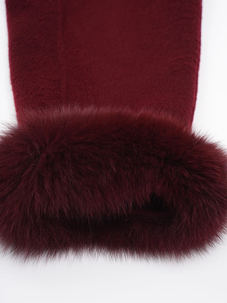 [EAM] Wine Red Cuff Fur Belted Big Size Woolen Coat New Lapel Long Sleeve Women Jacket Fashion Tide Autumn Winter 2024 CPG2463