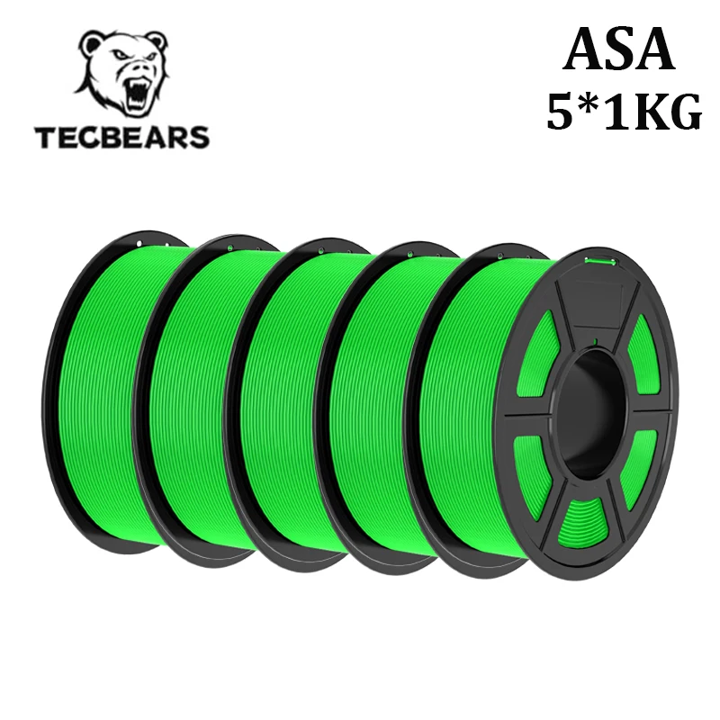 TECBEARS 5KG/5Rolls ASA 3D-printerfilament 1,75 mm UV/regen/hittebestendig, robuust ASA buitenmateriaal voor 3D-printers