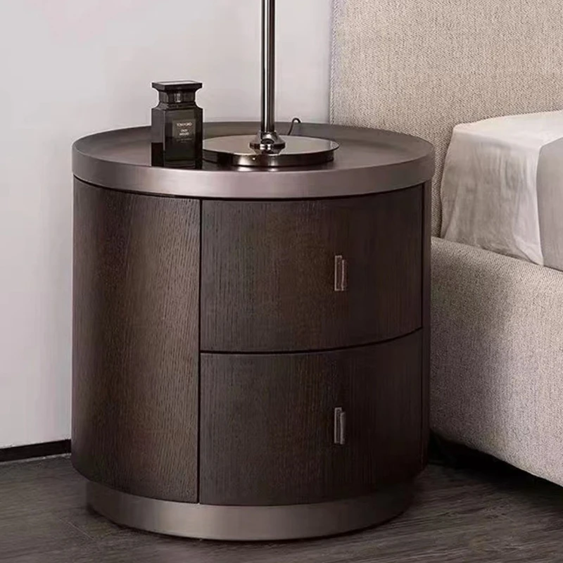 

Italian minimalist solid wood bedside table, smoked color side cabinet, bedside table, light luxury round cabinet