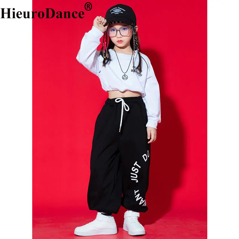 Ropa de baile de Hip Hop para niñas, traje de escenario de Jazz moderno, Tops cortos negros y pantalones blancos, Kpop