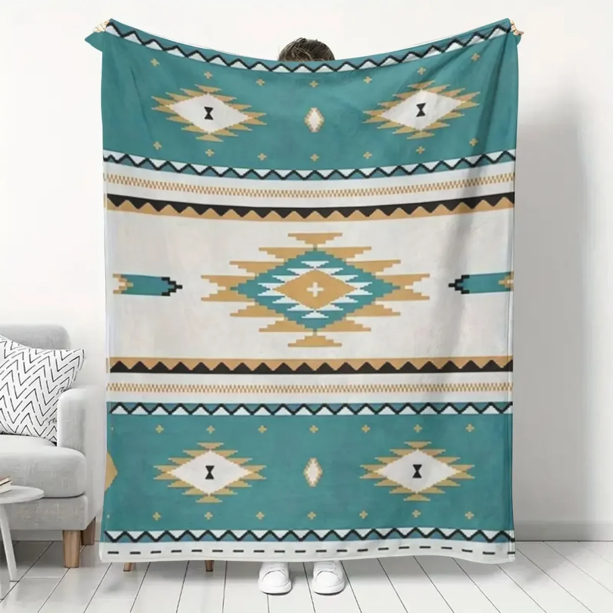 Southwestern Tribal Diamond Fleece Blanket, Turquoise Beige Aztec Stripe Pattern Cozy Throw for Camping Office Living Room Daily