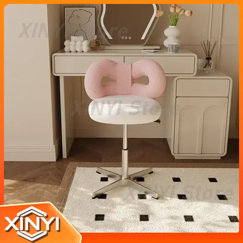 Adjustable Wool Sheepskin Makeup Chair for Dressing Table Rotatable Stool Easy Clean Bow Tie Design Sag Proof Computer Seat