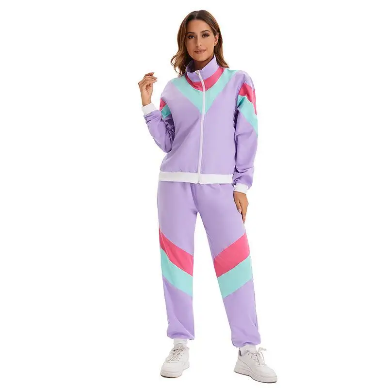 80s Retro Disco Hip Hop Sports Jaet Pants Set loween Costume ex Adult Dancewear Long Sve Zipper Closure