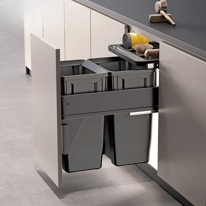 Kitchen cabinet built-in trash can with lid concealed invisible built-in double bucket classification barrier drawer type