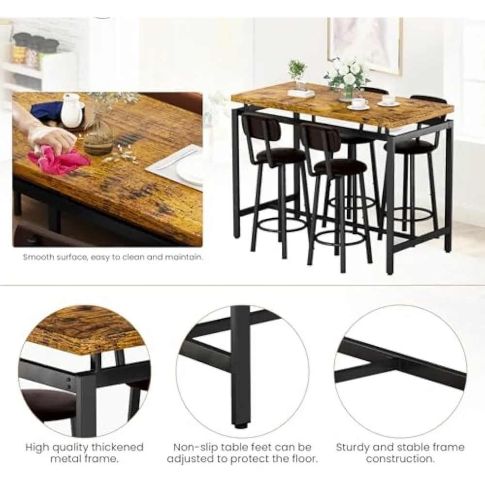 Dining Table Set for 4 Bar Kitchen Table and Chairs for 4, Counter Height Dinner Table with 4 PU Leather Upholstered Backrest