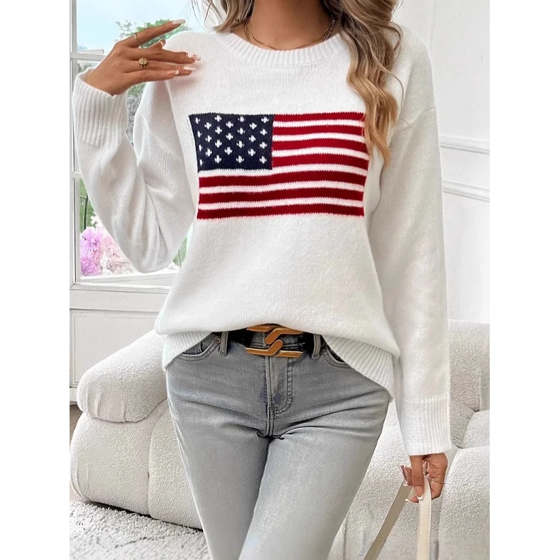 الرجعية طويلة Sve محبوك سترة جولة Ne البلوز العلم تصميم الخريف الشتاء المرأة الراقية الشعور أعلى فضفاضة تناسب Sle #3