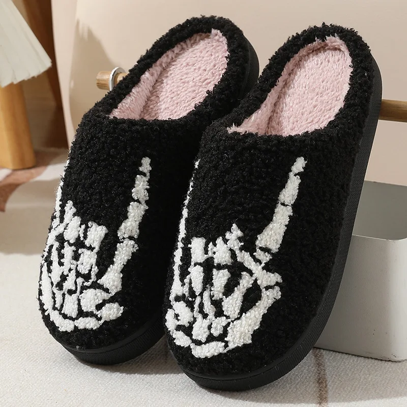 Skull Finger Pattern Skull Embroidery stuffed Home Platform Cozy Wool Cotton Slippers Rock Finger Warm Non-slip Indoor Slippers