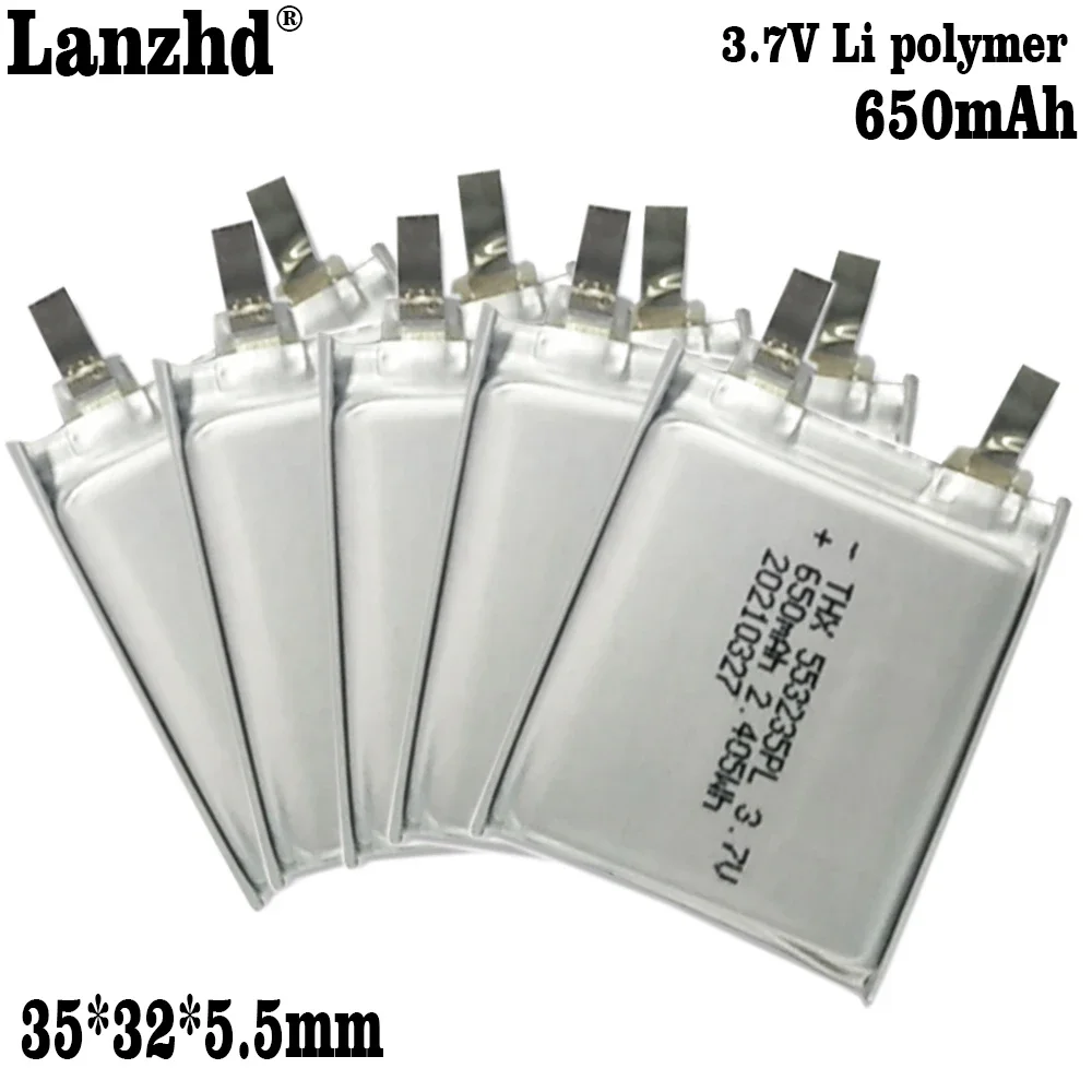 1-10 ชิ้น 3.85 โวลต์ Li - Po แบตเตอรี่โพลิเมอร์ 553233   แบตเตอรี่ลิเธียมแพ็คนุ่ม 650mAh สําหรับปลั๊กลําโพงการ์ด TWS ถังชาร์จแบตเตอรี่ MP3