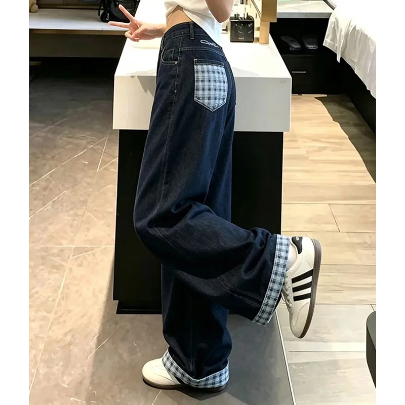 Women Y2K Baggy Jeans Contrast Plaid Pocket Cuffed Hem Wide Leg Denim Pants Loose Fit Casual Retro Streetwear Trousers