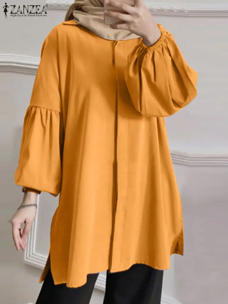 ZANZEA Fashion Women Shirt Autumn Vintage Solid Ruffles Blouse Casual Loose Muslim Ramadan Long Lantern Sleeve Turkey Tops Mujer