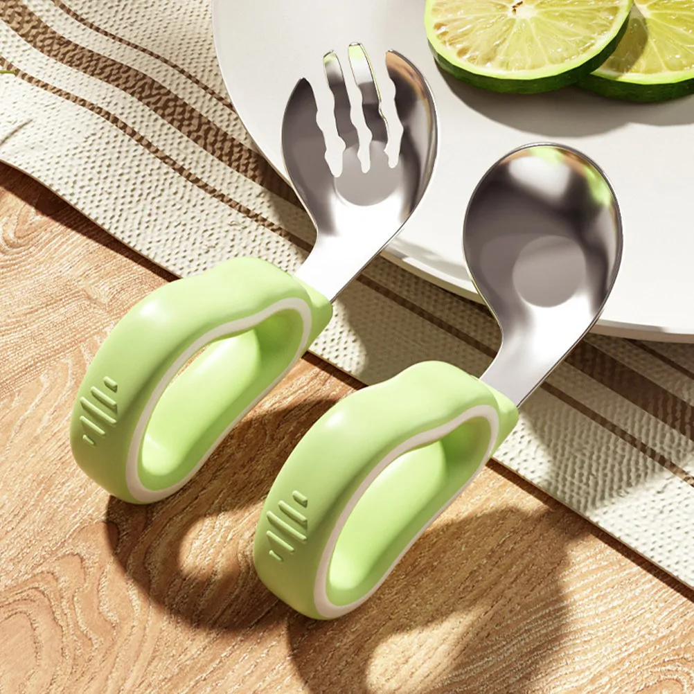 

1Set Baby Fork and Spoon Set Stainless Steel with Soft Silicone Handle Toddler Feeding Utensils for Learning to Eat At Home