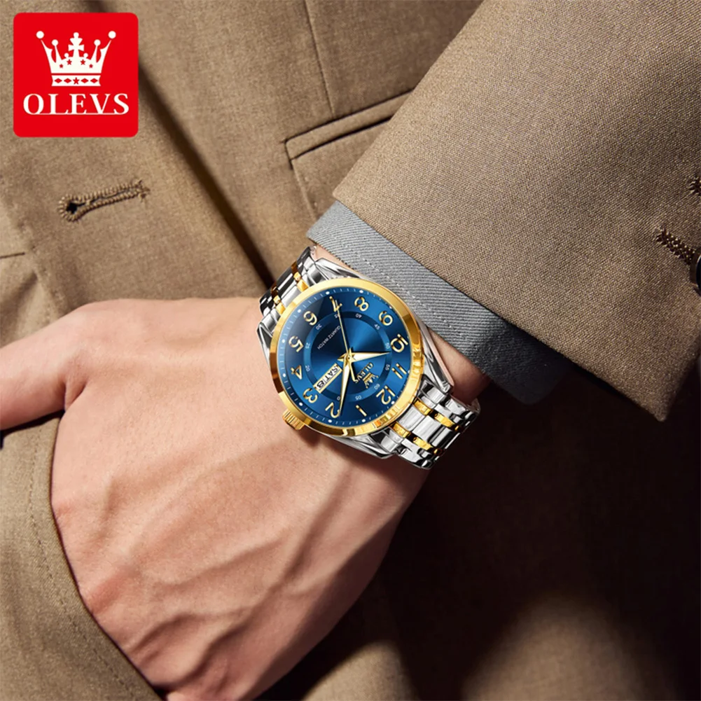 OLEVS 3666 ساعة رجالي ستانلس ستيل مقاوم للماء ساعة كوارتز رقمية وظيفة مضيئة العلامة التجارية الفاخرة ساعة رجالي