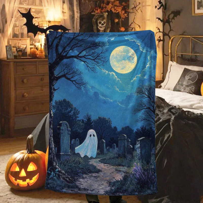 

Halloween ghost pumpkin digital-printed polyester Bedroom velvet flannel cover blanket Fleece soft sofa cover blankets for beds