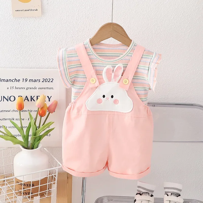 

New Summer Baby Clothes Suit Children Girls Casual Striped T-Shirt Overalls 2Pcs/Sets Infant Cute Clothing Set Kids Tracksuits