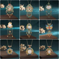 Ethnic Chinese Palace Necklace for Women Gold Plated Enamel Jade Luxury Jewelry Fairyland Shaped Tassel Pendant Sweater Chain