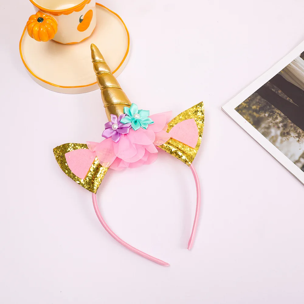 Flower Cat Ears Cute Hairband Children Unicorn Headband Rainbow Wings For Kids Photo Props Birthday Party Hair Accessories