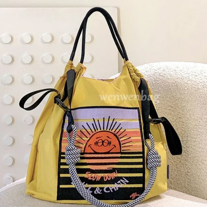 Ball Chain Bag Shopping Bag Sun Smiley Embroidered Nylon Canvas Crossbody Woman Tote Bags for Women  Handbags for Women 2024 New