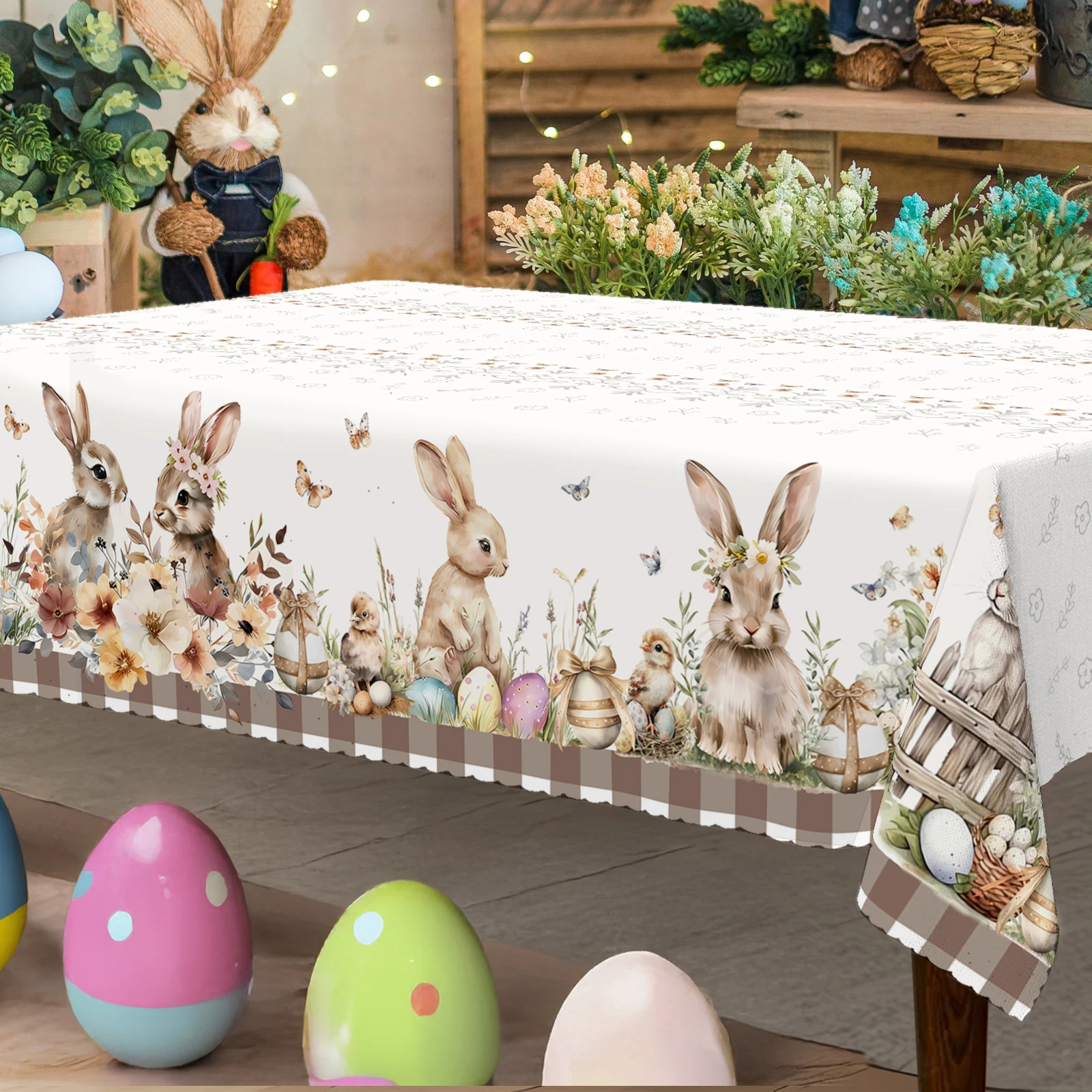 Lindo mantel de conejo gris con temática de Pascua, 1 pieza, estampado floral de primavera con borde en relieve, jardín exterior de primavera