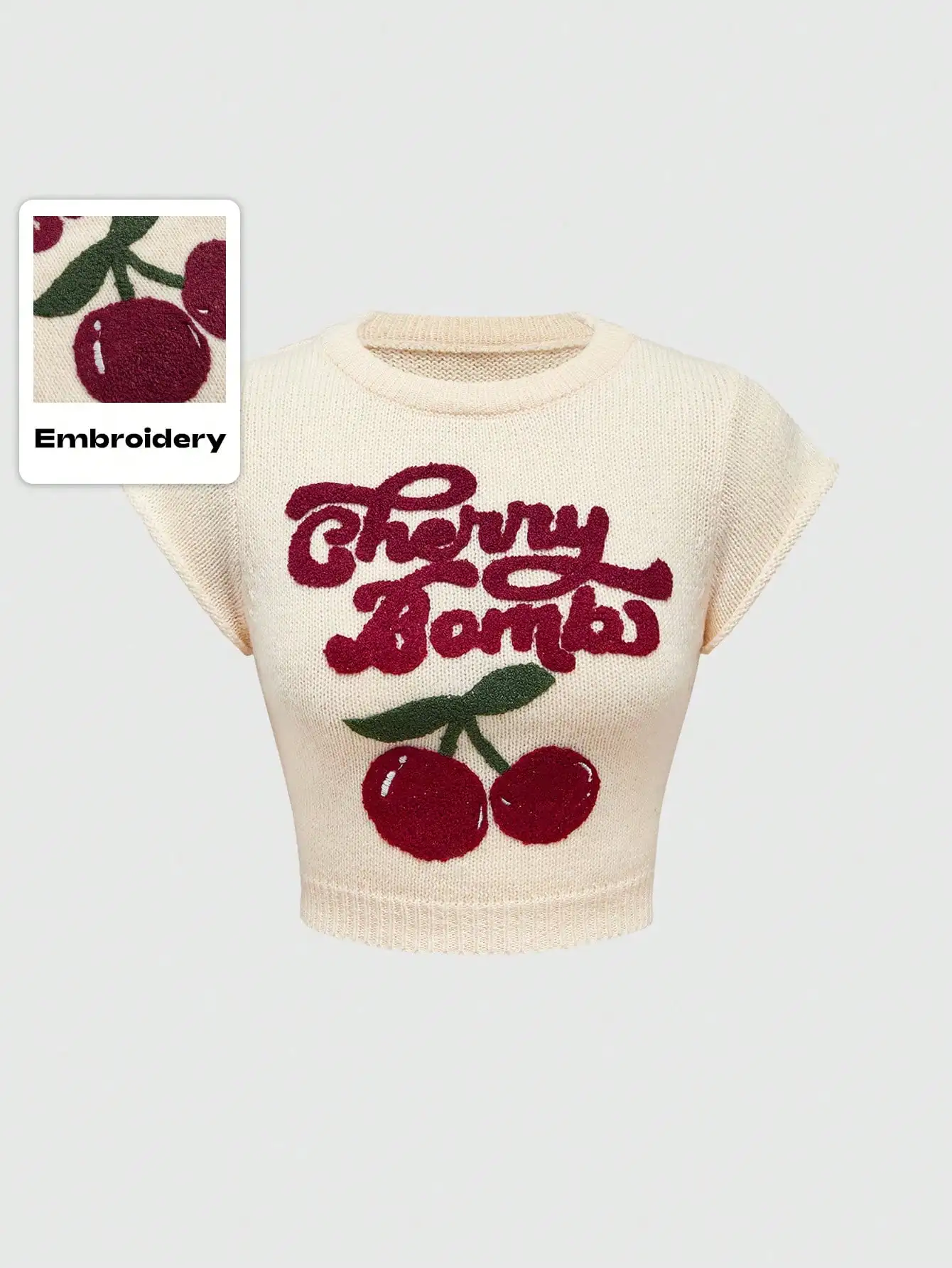 

Cherry Bomb Embroidered Crop Knit Top with Batwing Sleeves for Women