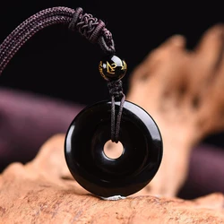 Obsidian Round Pendant Necklace For Protection Natural Black Lucky Stone Peace Buckle Amulet Fashion Jewelry Gift For Men Women