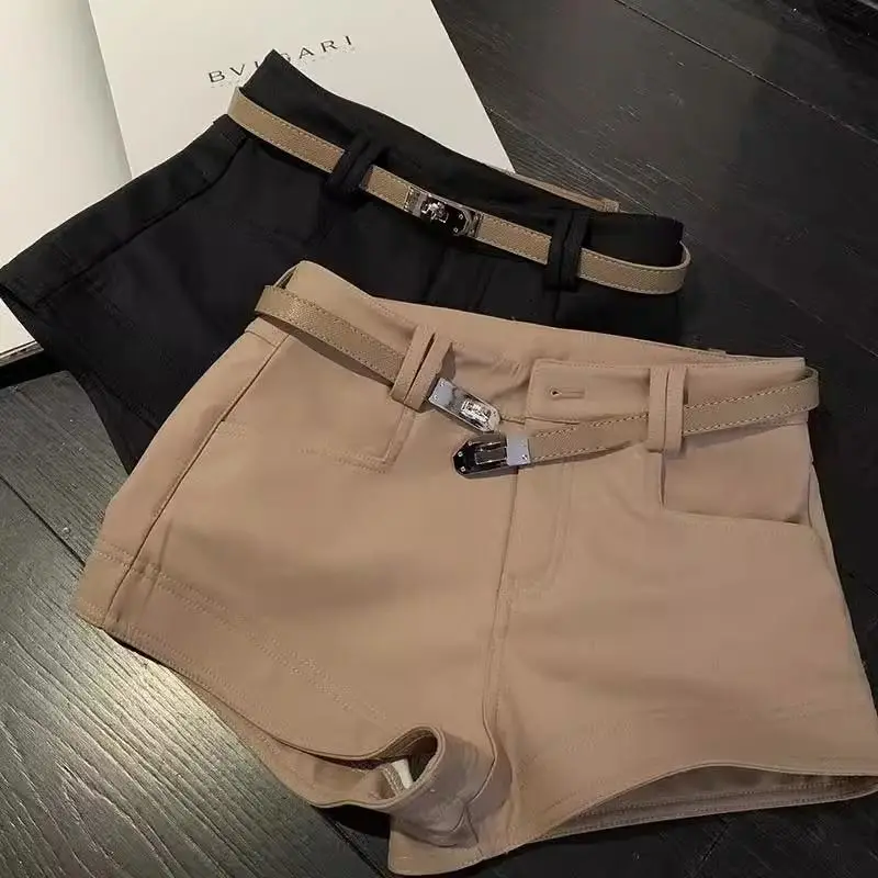 Pantalones cortos casuales de color caqui para mujer, pantalones cortos elásticos ajustados de cintura alta