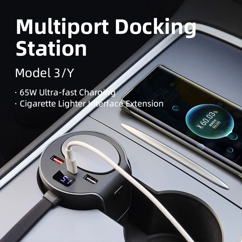 For Tesla CCS Docking Station 65W QC3.0 Ultra Fast Charging Cigarette Lighter Interface Extension Model 3/Y Multiport USB HUB