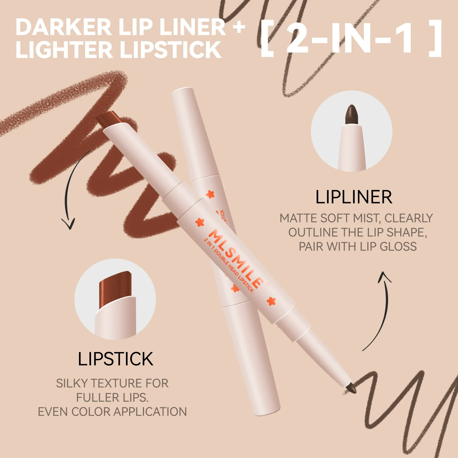 MLSMILE double head Lipstick Pen Waterproof long-lasting long-lasting makeup and enhance the complexion 2 with a red lip liner