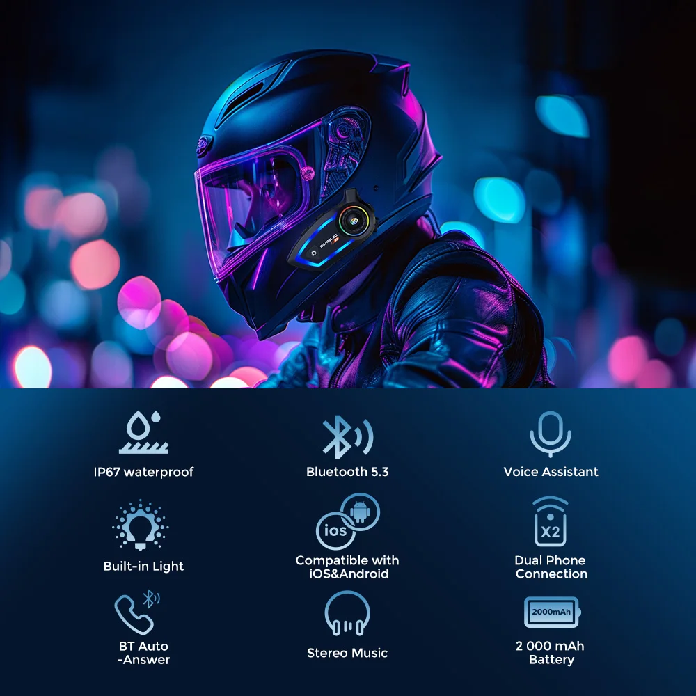 GEARELEC X2 Motorcycle Helmet Bluetooth Headset Hands Free Call IPX67 Waterproof 2000mAh Headset Speakers HiFi Stereo RGB Light