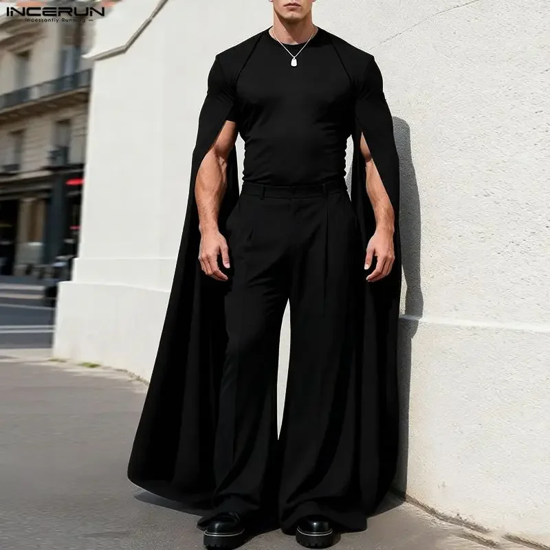 INCERUN Herren-T-Shirt mit unregelmäßigem Schnitt, einfarbig, O-Ausschnitt, lange Ärmel, lässiges Herren-T-Shirt, Streetwear, gestrickt, modische Herrenbekleidung, S-5XL