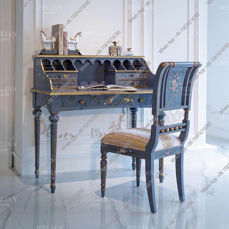 cv Solid Wood Birch European Neoclassical Painting 1 Meter Five Buckets With Drawers Green Blue Writing Desk