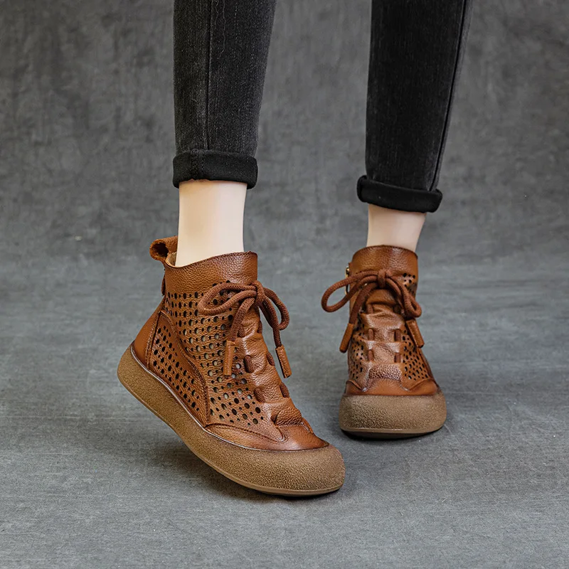 Top Layer Cowhide Women's Sandals Spring and Summer New Hollow Out Women's Hiking Shoes Soft Sole Breathable Casual Short Boots