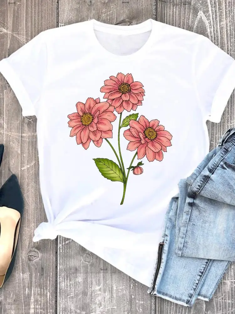 꽃 수채화 90 년대 귀여운 트렌드 여성 그래픽 티셔츠, 반팔, 여성 패션 프린트 셔츠, 티 의류