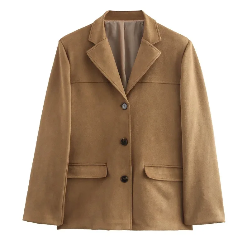 Veste à revers marron avec poche pour femme, simple boutonnage, manches longues, manteau vintage, automne, nouvelle rue, mode féminine, 2024