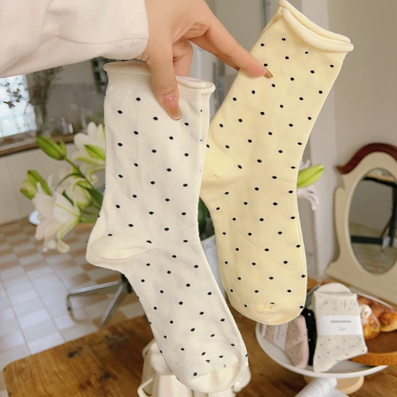 Sweet Cute Small Dots Curled Edge Fashion JK White Mid Calf Socks Women's Spring and Summer Thin Simple Casual Mid Tube Socks