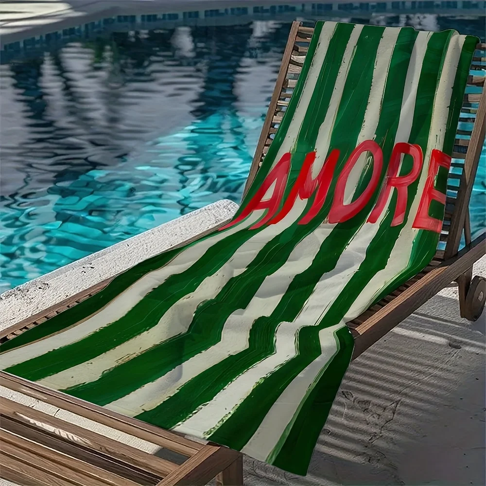 Green and white striped pattern polyester microfiber beach towel is highly absorbent, suitable for swimming and beach outings