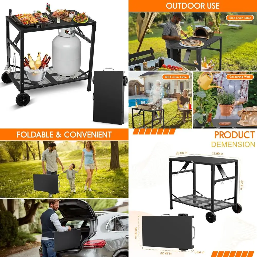 

Portable Outdoor Pizza Oven Stand with Wheels, Foldable Dining Cart Table for BBQ, Kitchen, and Indoor Use (Black & Silver)