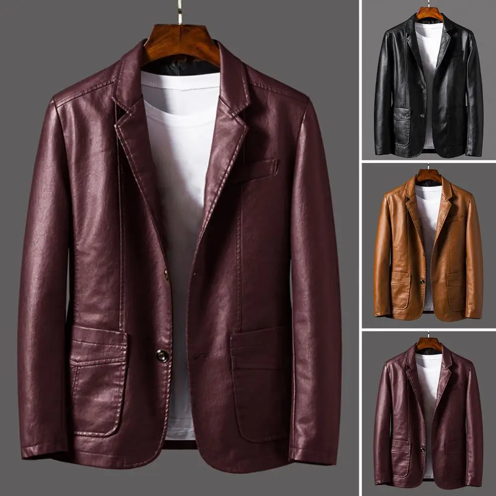 Men Jacket Stylish Men's Lapel Faux Leather Jacket with Pockets Long Sleeve Single Breasted Outwear for A Loose Fit for Everyday