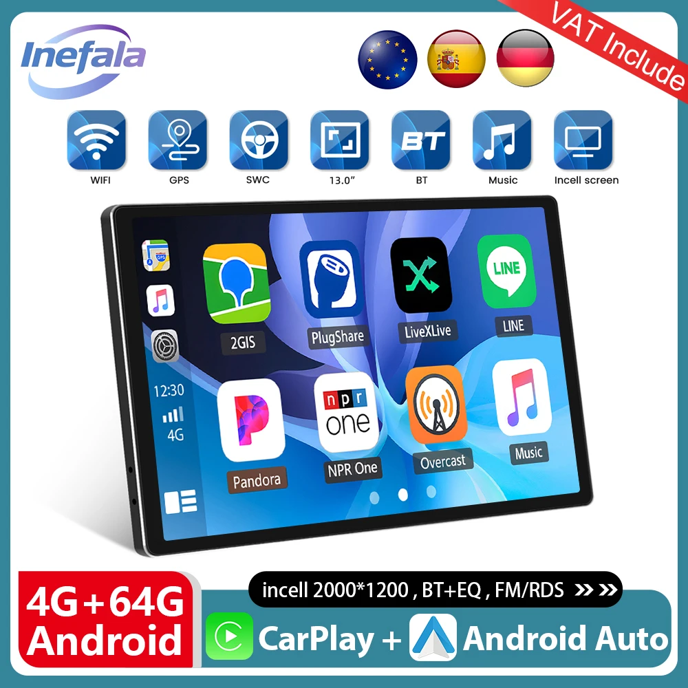 Podofo 13" 11,5" Radio Samochodowe z CarPlay i Androidem, Inteligentny System Samochodowy 2din, Uniwersalny Odtwarzacz Multimedialny, GPS, Stereo, IPS, Autoradio, Inteligentny System Samochodowy do