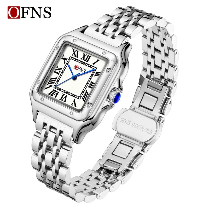 OFNS Square Couple Quartz Watch Roman Scale 3ATM Waterproof Steel Belt Watch Simple and Elegant Confession Commemorative Gift