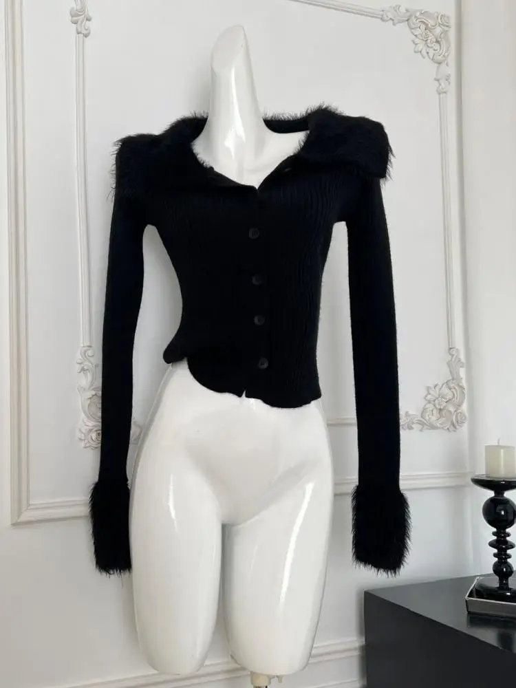 

Retro Black Plush Neck Long Sleeved Cardigan Sweater Women Grey Festival Casual Versatile Short Knit Tops 2024 Autumn Winter New