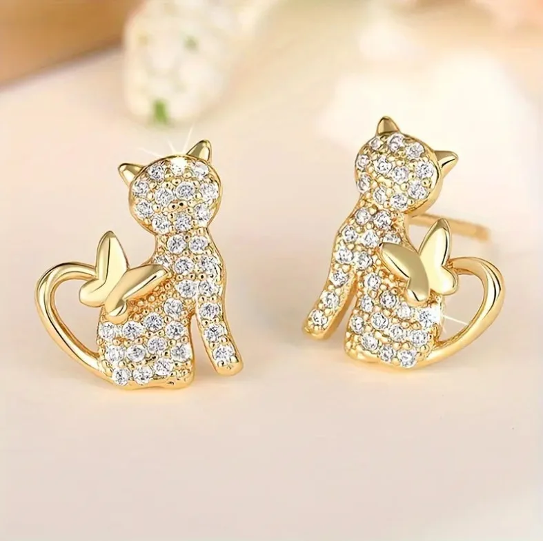

Sparkling Gold Cat Earrings for Women, Fashion Cute Cat Stud Earrings, Trendy All-Match Jewelry