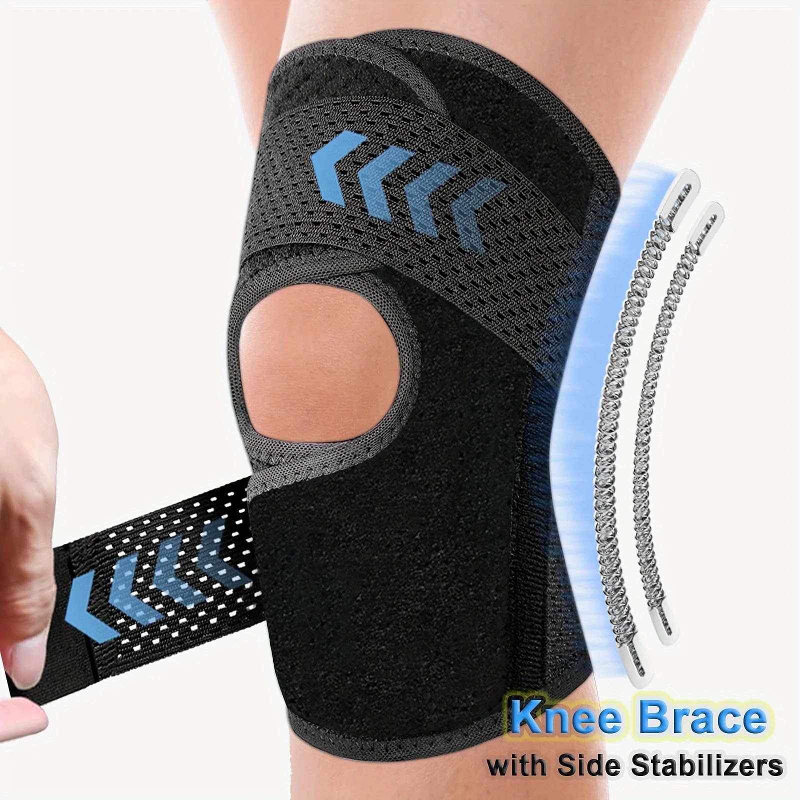 1 Stück ultradünne Kniebandage mit seitlichen Stabilisatoren für Damen und Herren, verstellbare Kniebandage, Kompressions-Knieunterstützung zum Laufen